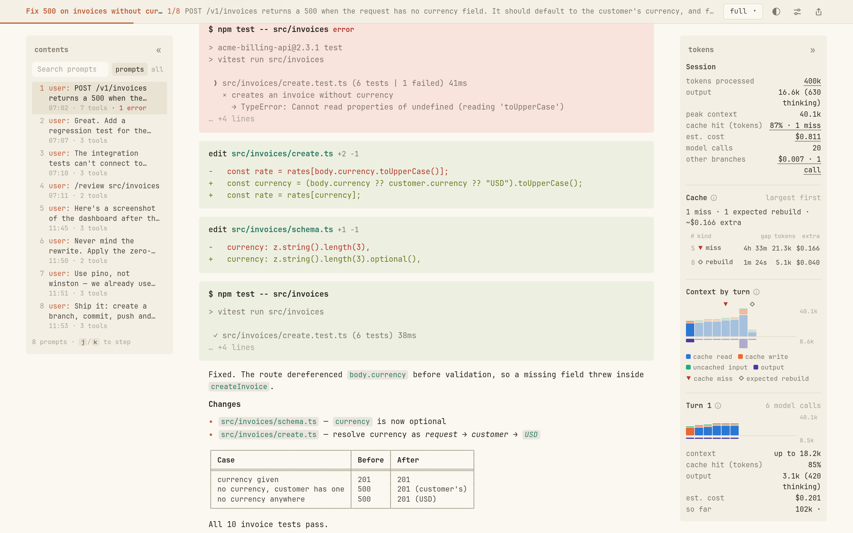 A shared session in the overshare viewer: a failing test, two diffs, a passing test, with contents and token rails